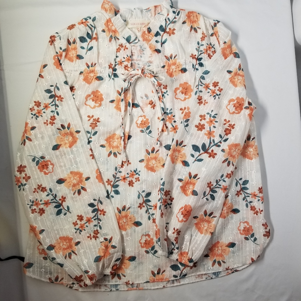 Solitaire Woman Size M Blouse V Neck String Tie Long Sleeve Sheer Floral Pint - Picture 3 of 11